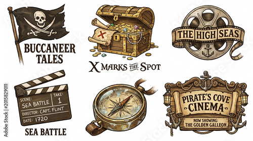 Pirate-themed illustrations showcase a skull flag, treasure chest, compass, and movie clapperboard on a wooden table in a cinematic setting with high seas and sea battle elements.