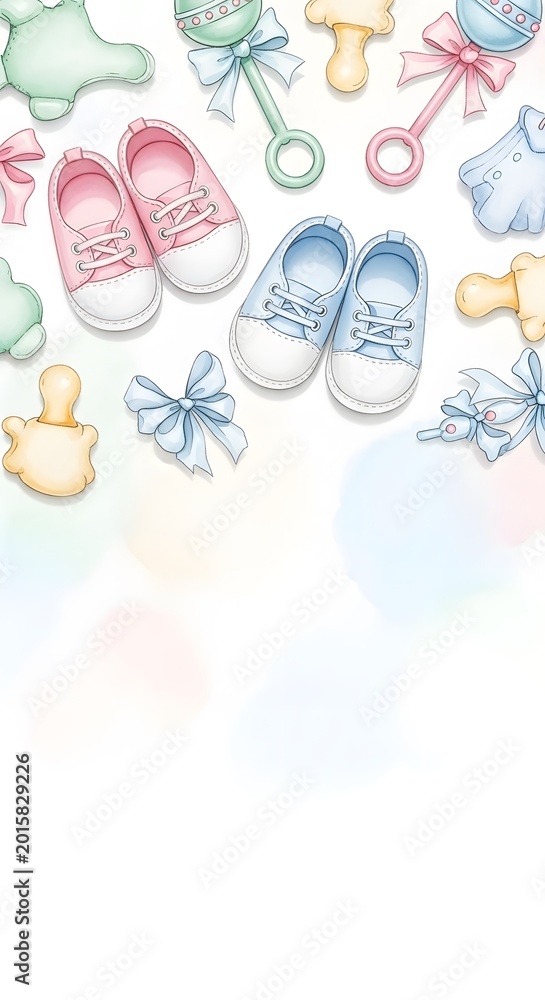 Fototapeta premium Cute Baby Shower Elements with Pink and Blue Shoes and Rattles