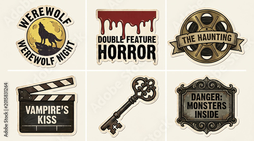 A creepy double feature horror movie night with vampire, werewolf, film, monster, and key elements on a beige background with horror movie themed icons.