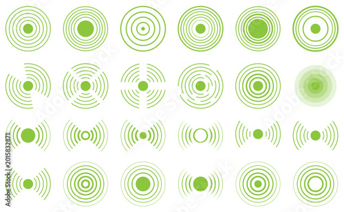 Abstract green radar signal wave icon collection featuring circular pulse rings, wireless communication symbols, and audio frequency elements. Perfect for networking apps, technology interface, sound.