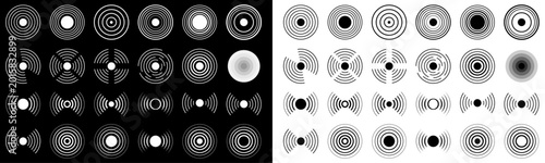 Fotografía Black and white radar, sonar, and signal wave icon set with circular pulse communication symbols