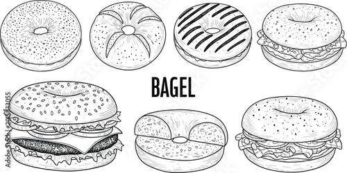 Collection of hand drawn vintage bagel vector illustrations including plain bagels sesame seeds and sandwiches for bakery menu.