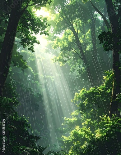 Sunlight filtering through dense forest canopy.