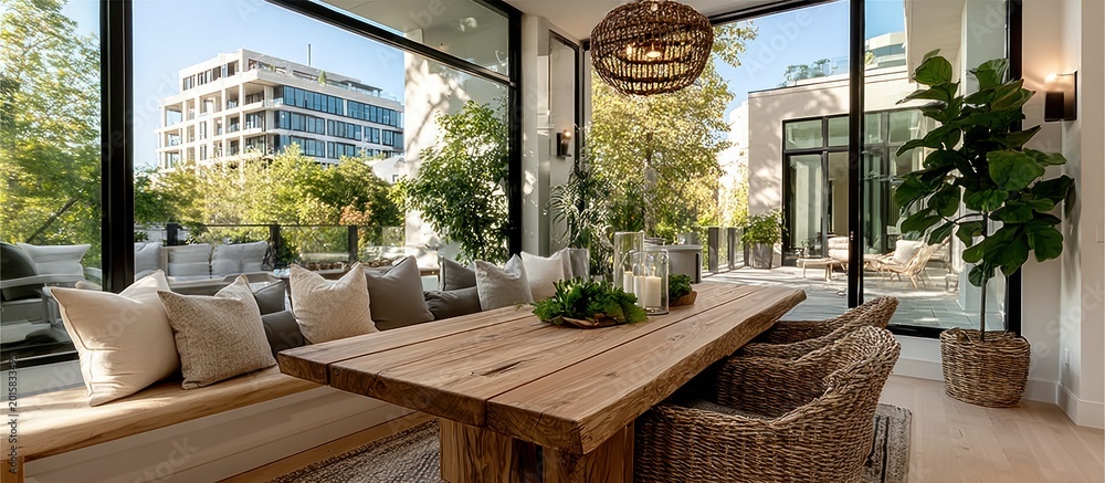Fototapeta premium A dining space with a large table, outdoor view, and stylish d?cor