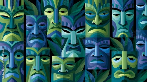 Polynesian tiki masks tribal art seamless pattern