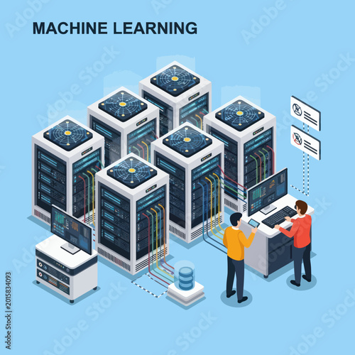 Isometric Machine Learning System with Engineers Analyzing Data.