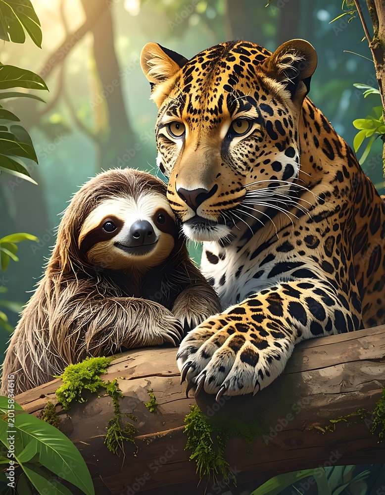Fototapeta premium Sloth and leopard jungle friends resting.