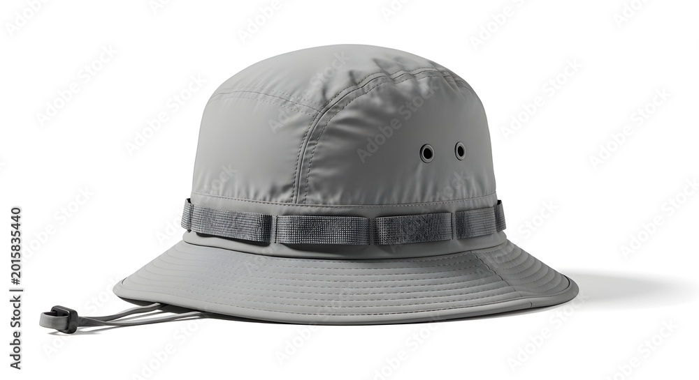 Fototapeta premium Waterproof Hiking Hat on White Solid Background, Outdoor Sun Protection Cap for Camping and Trekking, Breathable Adventure Headwear for All Weather Conditions