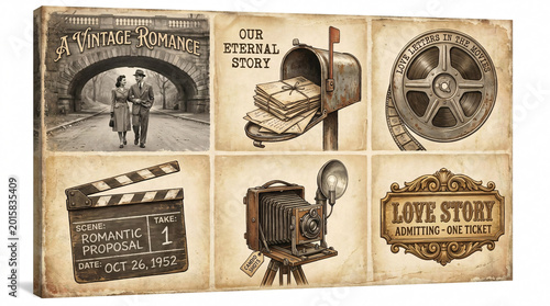 A romantic couple walks under an archway with a clapperboard and film reel on a nostalgic background with a love story sign and old camera equipment.