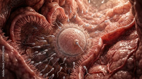 Reproductive biology microscopic: human reproduction, internal view, sperm navigation, female system, fertilization process, early embryo develop, biological journey, cellular union.