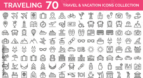 Creative travel vacation editable outline vector icon collection featuring tourism, transportation, destinations, adventure, and holiday lifestyle elements