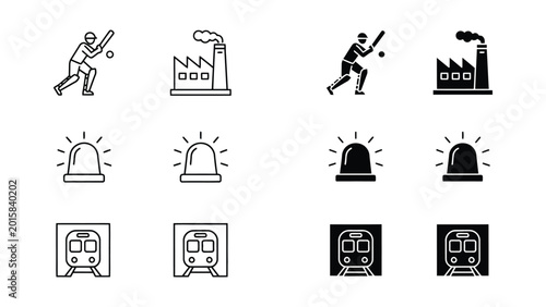 Fotografía Contrasting icons showing baseball players, factories, police lights, and trains