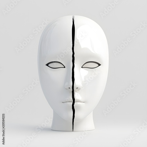 White mannequin head split down the middle with black facial markings hat stand wig stand alter ego mannequin identity sculpture abstract symbolic isolated decoration display head