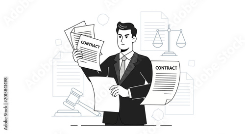 Lawyer reviewing contracts with legal symbols, justice scales and gavel.