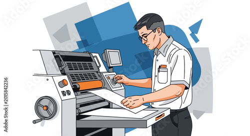 Man operating printing press in a graphic design studio illustration