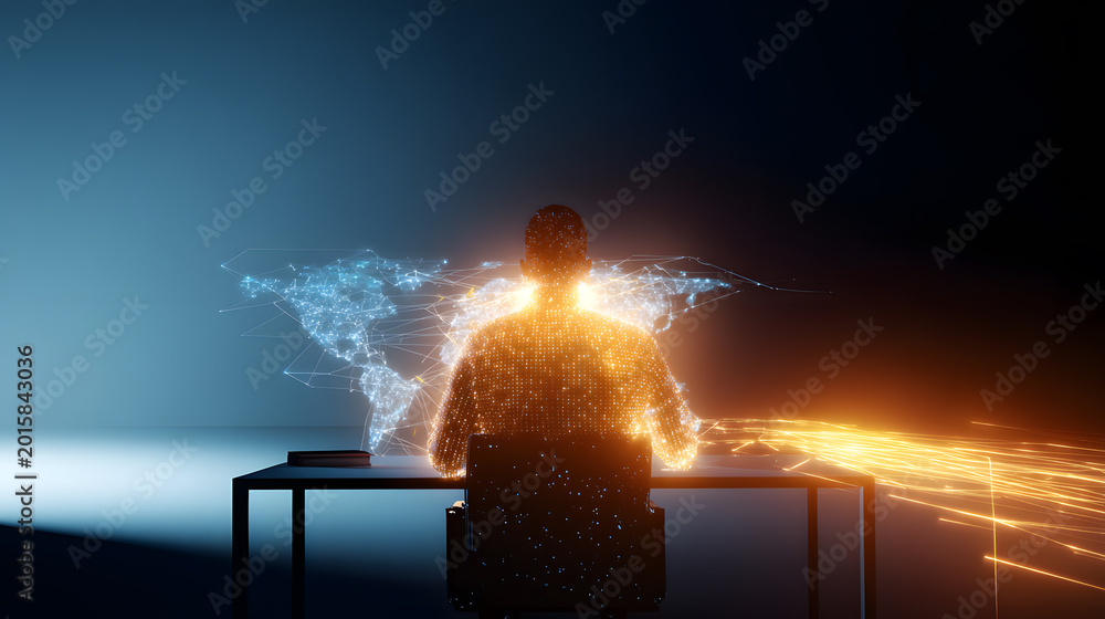 Fototapeta premium Silhouette of businessman at desk with glowing digital world map, global business and technology theme 