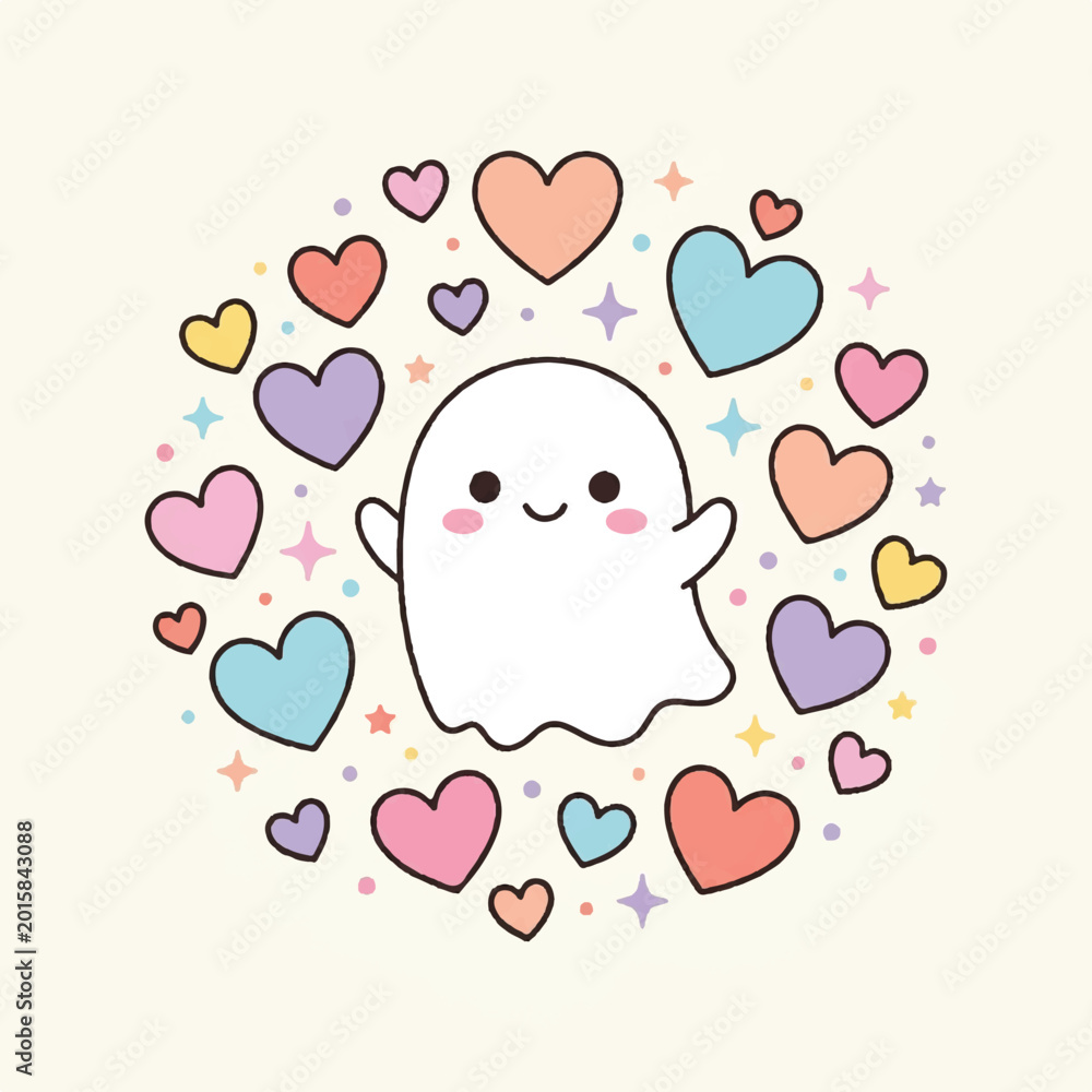 Fototapeta premium Modern, minimal, futuristic AI-inspired ghost for 2026. Whimsical spectral character in a heart constellation, offering a sweet, advanced aesthetic