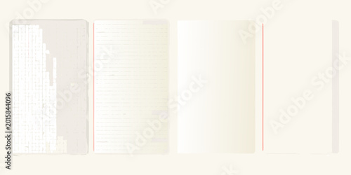 Photos open notebook pages with blank and lined paper flat lay