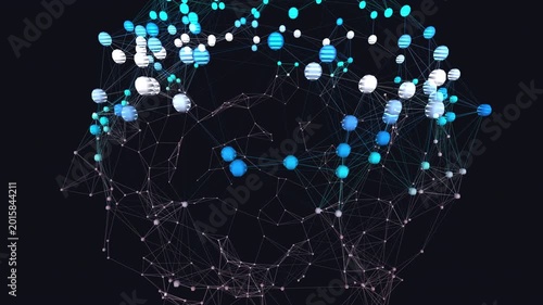 Abstract 3D spherical cloud network visualization featuring classic plexus structures in a neon cyan and pink spectrum. Cinematic medium framing and continuous X spin perspective with a seamless loop 