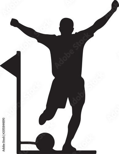 Photos Soccer player celebrating goal with arms raised near flag and crossbar silhouett