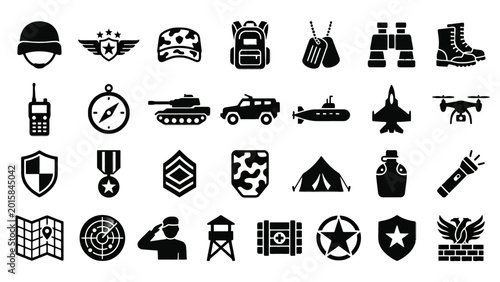 Military icons set with 28 black vector symbols, army equipment and warfare silhouettes, soldier gear and defense weapon collection for tactical design