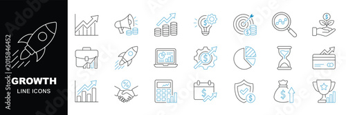 Graphs and Graphs set of web icons. Editable stroke. Charts and diagram icons for web and mobile app. Business infographic, charts, statistics, growth, growing bar graph and more. 