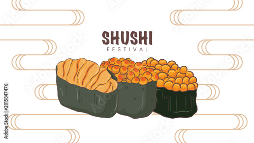 Quadro su tela Hand-drawn illustration of Uni (sea urchin) and Ikura (salmon roe) gunkan sushi for SHUSHI FESTIVAL on a decorative background