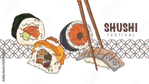 Cuadro en lienzo Cute hand-drawn Banner illustration of an assorted sushi set with maki rolls, salmon nigiri, and chopsticks for SHUSHI FESTIVAL
