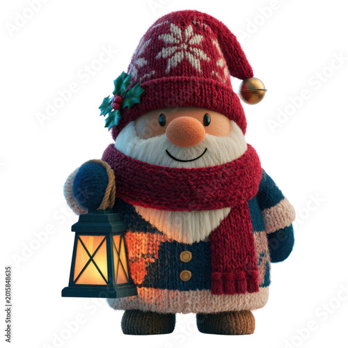 Festive Delight: A charming, handcrafted Santa Claus figure, adorned in a cozy knit hat and scarf, carries a warm lantern, radiating the joy of the holiday season.