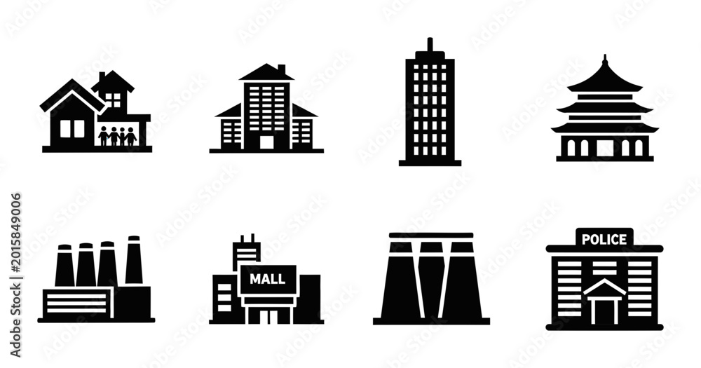 Obraz premium 8 Building silhouette icons house factory mall police station, solid black style, city architecture