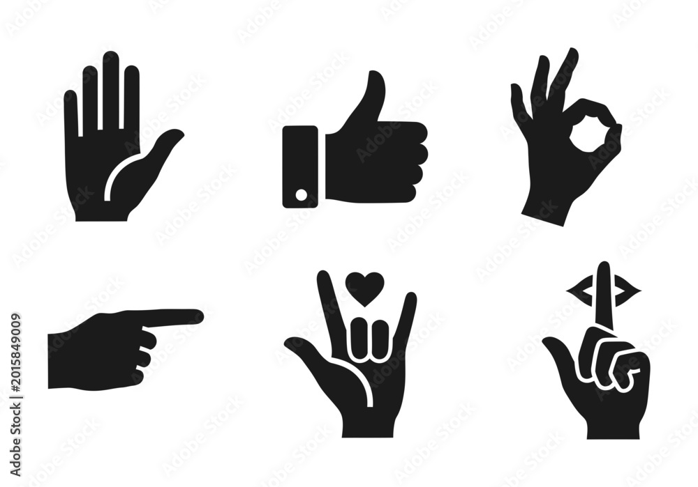 Obraz premium 6 Hand Gestures silhouette icons thumbs up okay pointing stop solid black style communication set