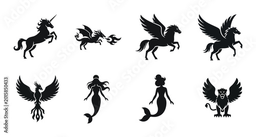 Tableau sur toile 8 Mythical Creature silhouette icons unicorn dragon pegasus mermaid phoenix, sol