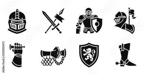 8 Medieval Knight silhouette icons helmet sword shield gauntlet, solid black style, history collection