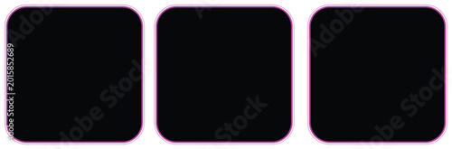 Three modern black square buttons with pink outline isolated on white background, Vector, illustration