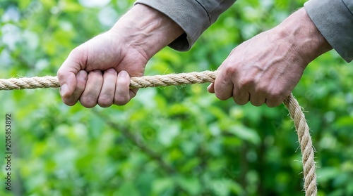Obraz na plátně Close Up of Strong Hands Pulling a Thick Rope for Tug of War Concept