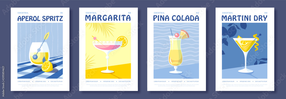 Obraz premium Set of summer Italian flat posters or covers with cocktails. Menu design. Vector illustration