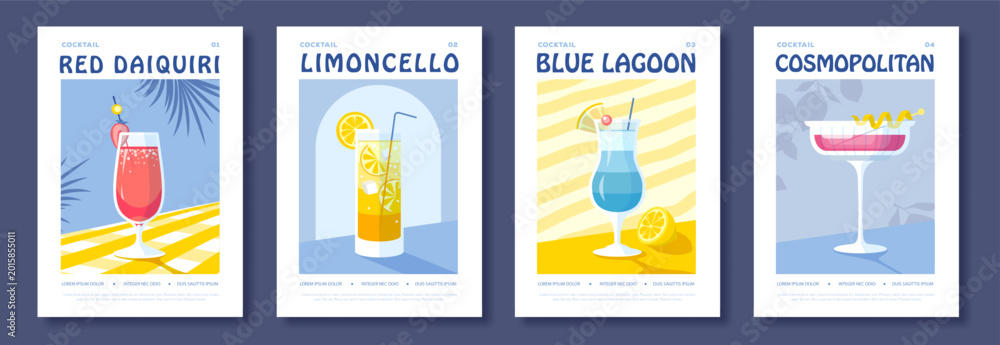 Obraz premium Set of summer Italian flat posters or covers with cocktails. Menu design. Vector illustration