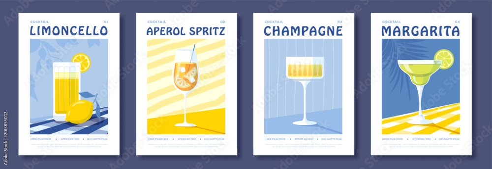 Naklejka premium Set of summer Italian flat posters or covers with cocktails. Menu design. Vector illustration