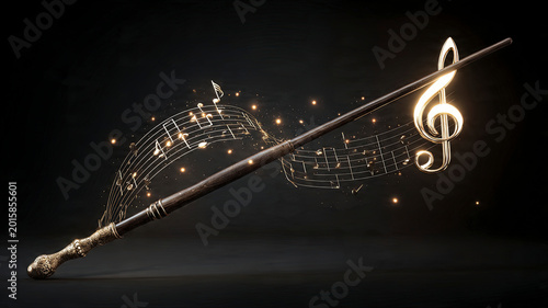 Golden Magic Wand Creating Glowing Musical Notes on Dark Background, Fantasy Music Concept, Enchanted Melody, Mystical Sound Waves, Magical Orchestra Illustration, Sparkling Treble Clef Art, Luxury Fa