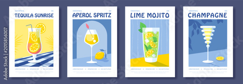 Set of summer Italian flat posters or covers with cocktails. Menu design. Vector illustration
