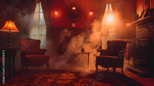Mysterious dimly lit room with vintage armchairs, smoke, and warm orange light illuminating the scene.