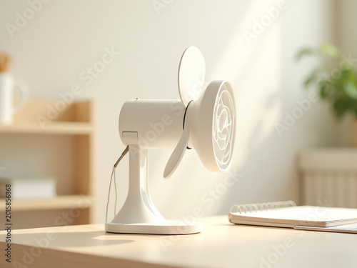 Modern white desk fan positioned on workspace with natural light  