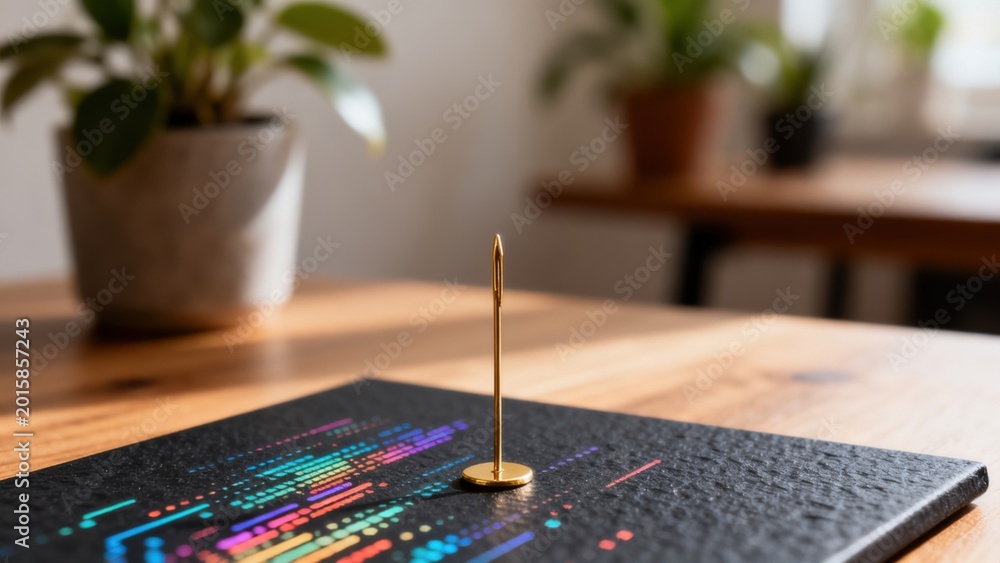 Fototapeta premium Golden pin on colorful card