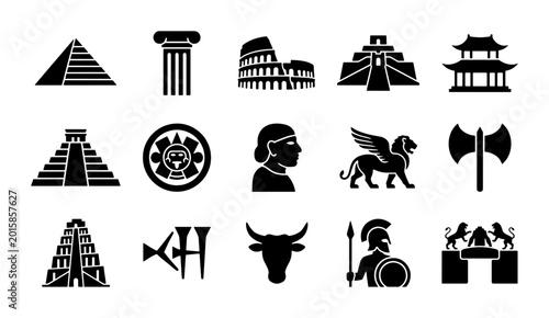 Bild auf Leinwand Ancient Civilizations Icons Set: Pyramids, Colosseum, Maya, Greek Warrior, Egypt