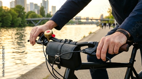 Man Cycling on Riverside Path with Urban Skyline at Sunset Riding a Bicycle with Leather Handlebar Bag