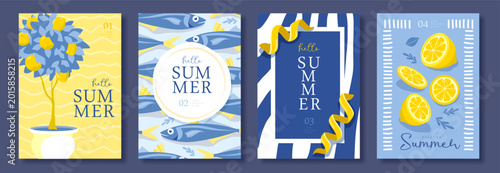 Set of summer Italian posters or covers with lemon tree, fish pattern, frames, lemon slices and zest. Menu design. Vector illustration