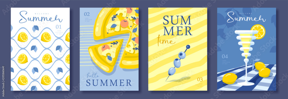 Naklejka premium Set of summer Italian posters or covers with limoncello cocktail, olives, pizza and lemon pattern. Menu design. Vector illustration