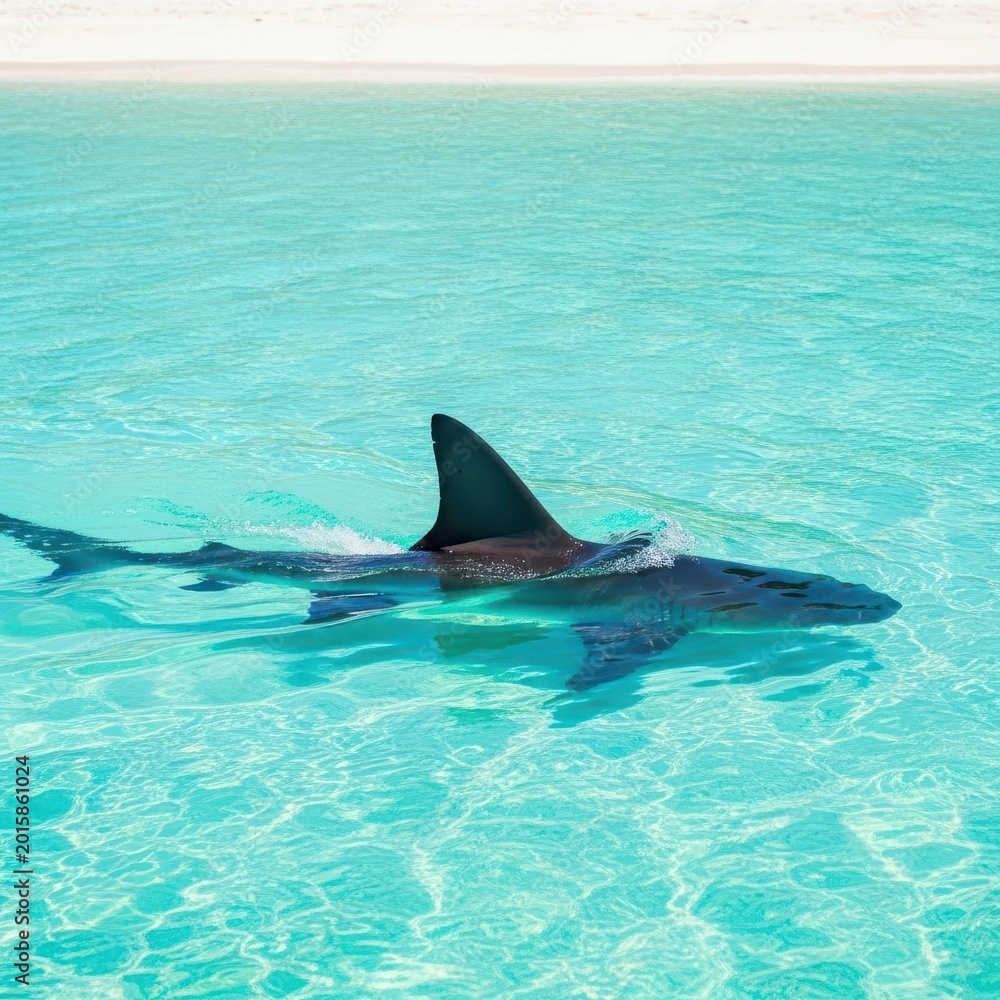Fototapeta premium Large predator shark fin slicing through the shallow, turquoise ocean water near a pristine sandy shoreline, indicating potential hazard, bay, warning, fish