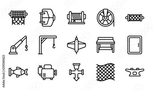 Bild auf Leinwand Marine Equipment Icons: Fishing Gear, Winches, Cranes, and Dock Cleats Vector Se