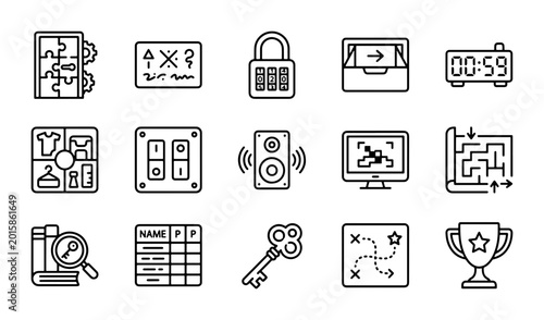 Photos Escape Room Icons Set: Puzzle, Lock, Timer, Key, Map, Trophy, Clues, Logic